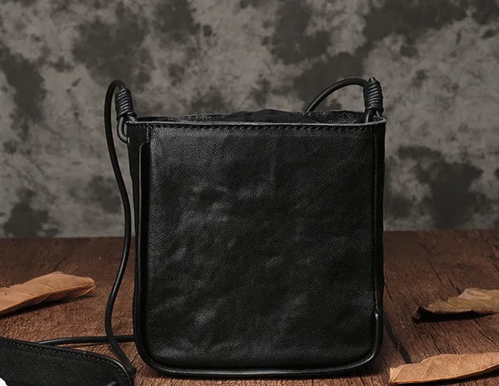 Vintage Leather Small Black Bucket Shoulder Bag Black Barrel Crossbody Purse For Women