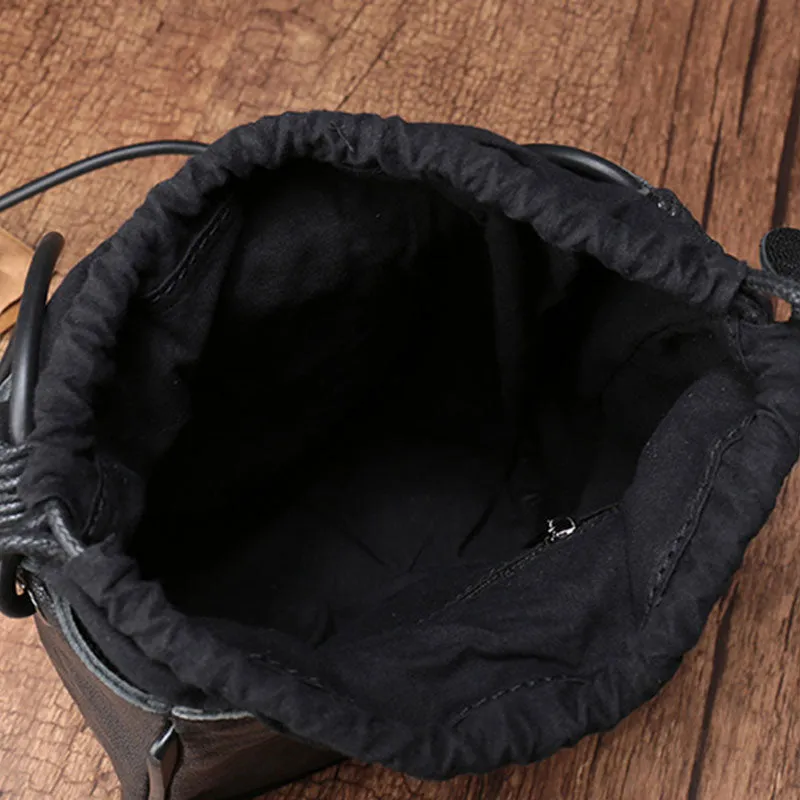 Vintage Leather Small Black Bucket Shoulder Bag Black Barrel Crossbody Purse For Women