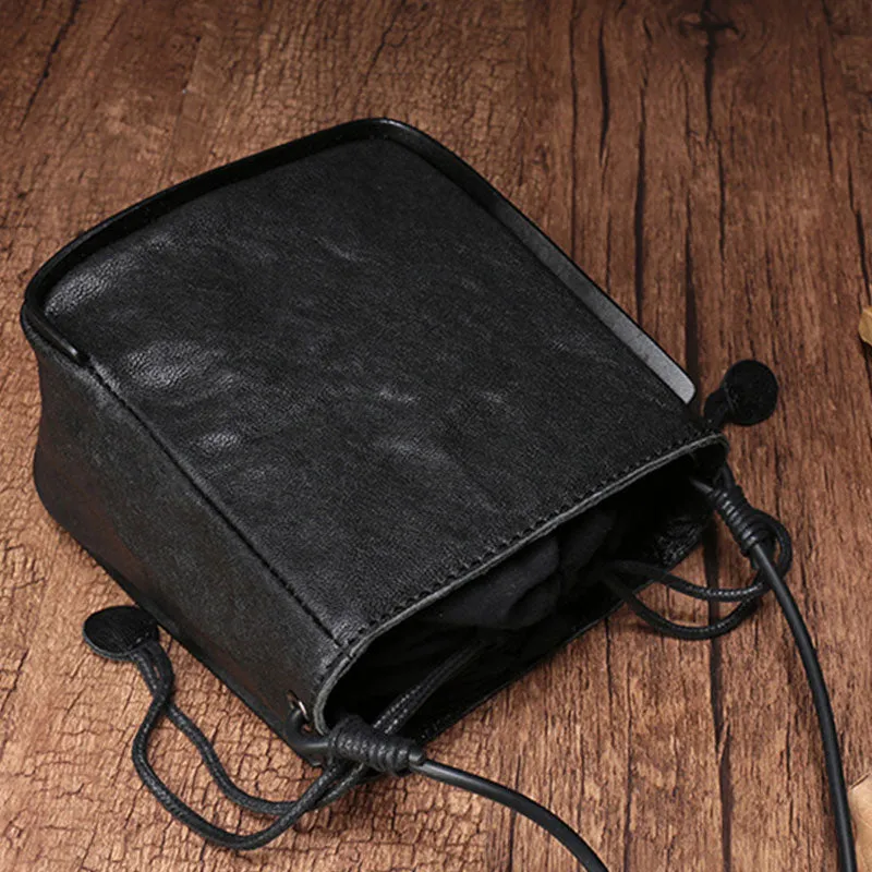 Vintage Leather Small Black Bucket Shoulder Bag Black Barrel Crossbody Purse For Women