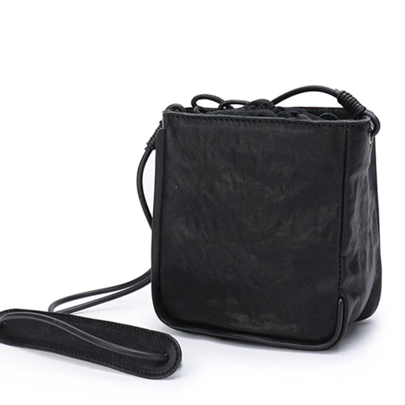 Vintage Leather Small Black Bucket Shoulder Bag Black Barrel Crossbody Purse For Women