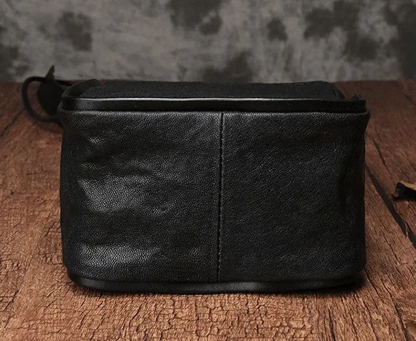 Vintage Leather Small Black Bucket Shoulder Bag Black Barrel Crossbody Purse For Women