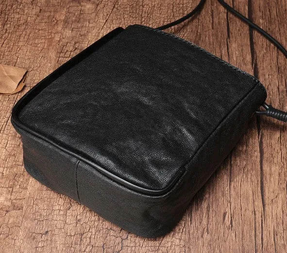 Vintage Leather Small Black Bucket Shoulder Bag Black Barrel Crossbody Purse For Women
