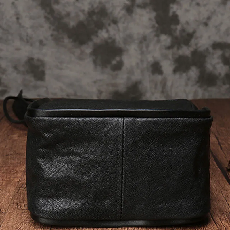 Vintage Leather Small Black Bucket Shoulder Bag Black Barrel Crossbody Purse For Women
