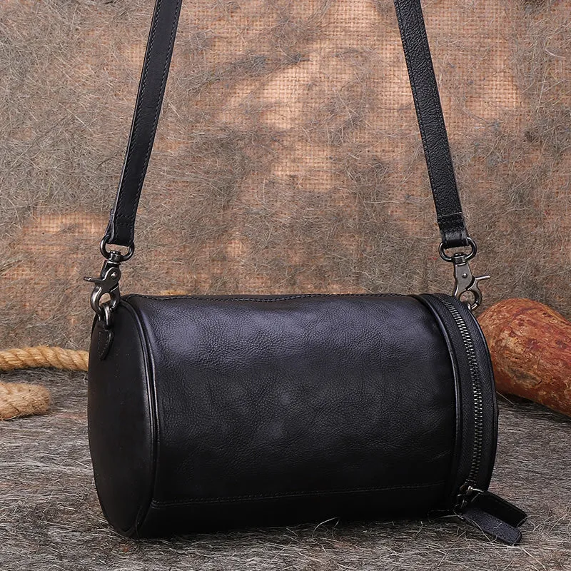 Vintage Leather Womens Barrel Shoulder Bag Bucket Crossbody Purse for Women