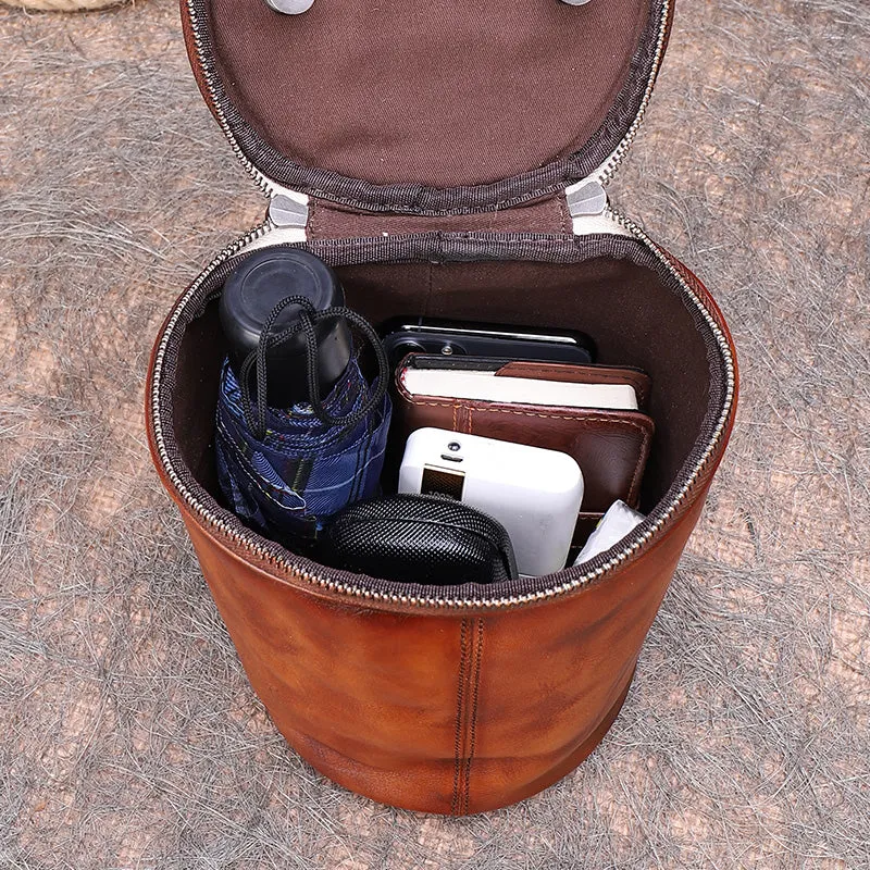 Vintage Leather Womens Barrel Shoulder Bag Bucket Crossbody Purse for Women