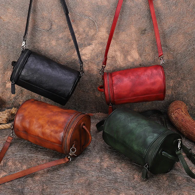 Vintage Leather Womens Barrel Shoulder Bag Bucket Crossbody Purse for Women