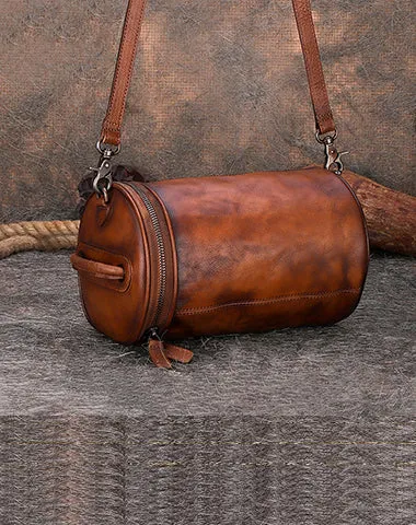Vintage Leather Womens Barrel Shoulder Bag Bucket Crossbody Purse for Women