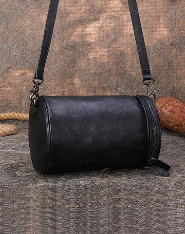 Vintage Leather Womens Barrel Shoulder Bag Bucket Crossbody Purse for Women