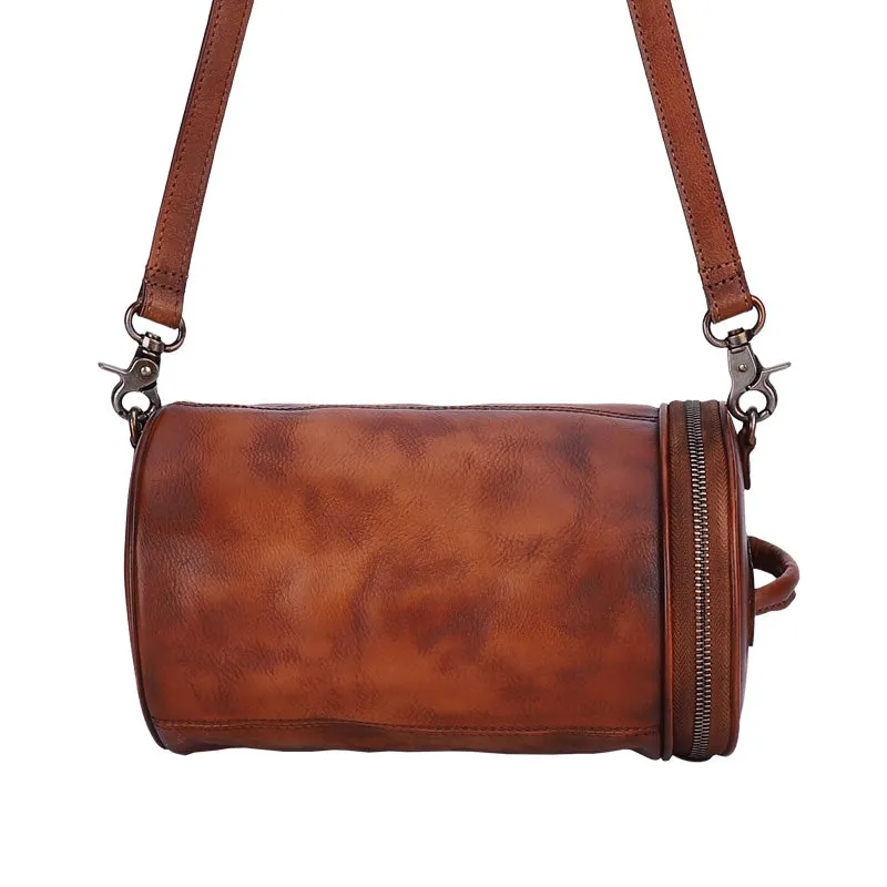 Vintage Leather Womens Barrel Shoulder Bag Bucket Crossbody Purse for Women