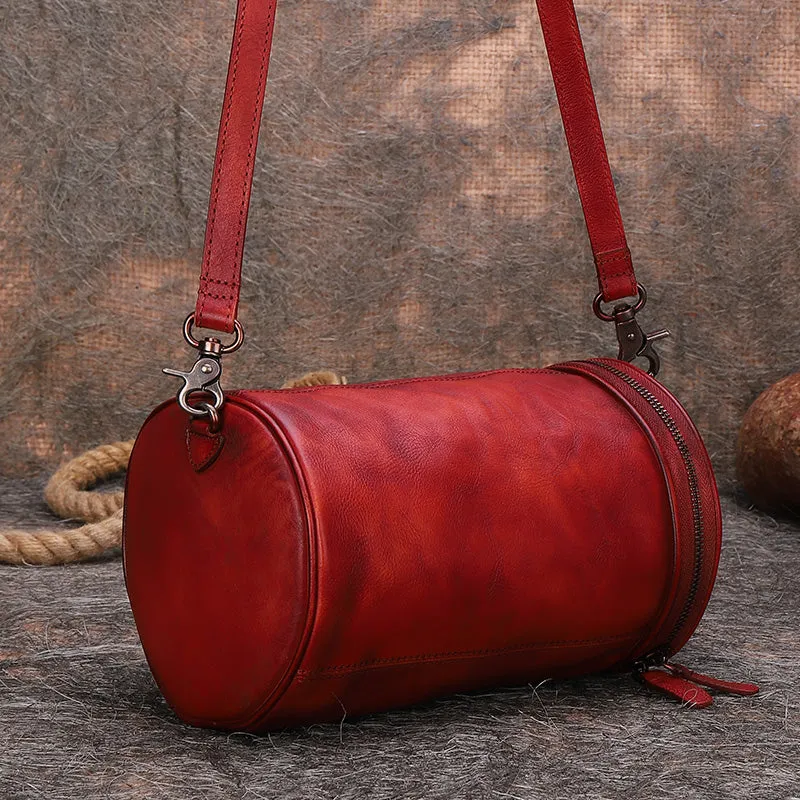 Vintage Leather Womens Barrel Shoulder Bag Bucket Crossbody Purse for Women