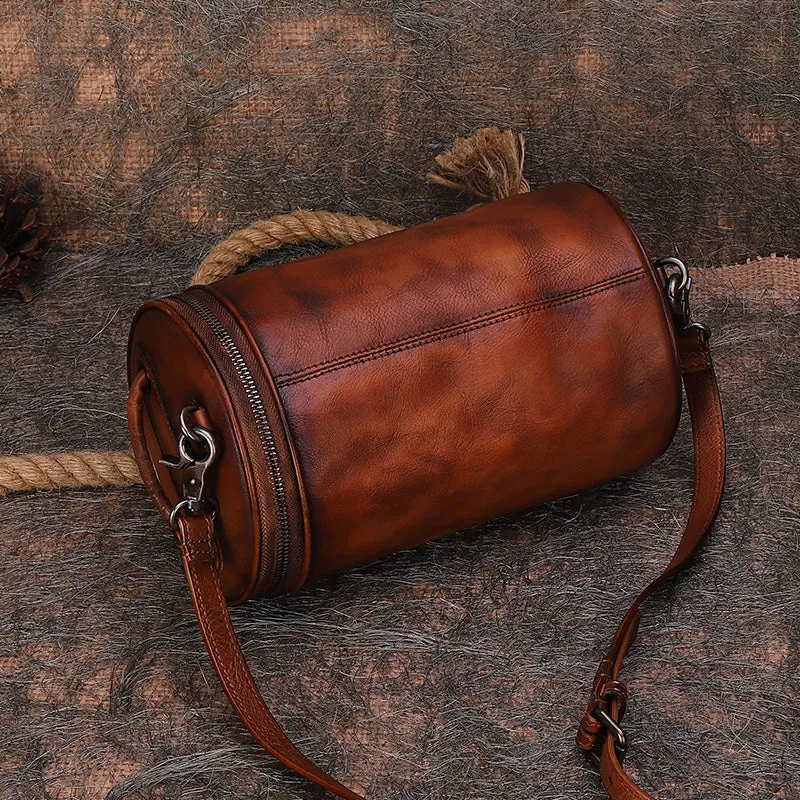 Vintage Leather Womens Barrel Shoulder Bag Bucket Crossbody Purse for Women