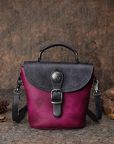 Vintage Leather Womens Bucket Brown Shoulder Bag Handmade Barrel Crossbody Purse for Ladies