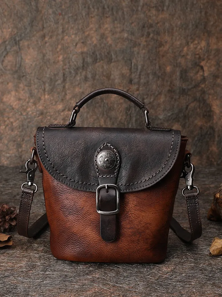Vintage Leather Womens Bucket Brown Shoulder Bag Handmade Barrel Crossbody Purse for Ladies