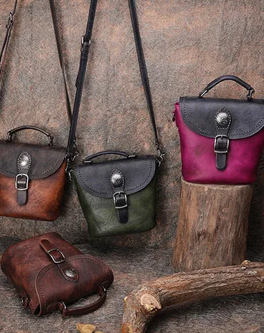 Vintage Leather Womens Bucket Brown Shoulder Bag Handmade Barrel Crossbody Purse for Ladies