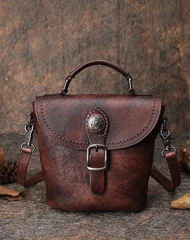 Vintage Leather Womens Bucket Brown Shoulder Bag Handmade Barrel Crossbody Purse for Ladies