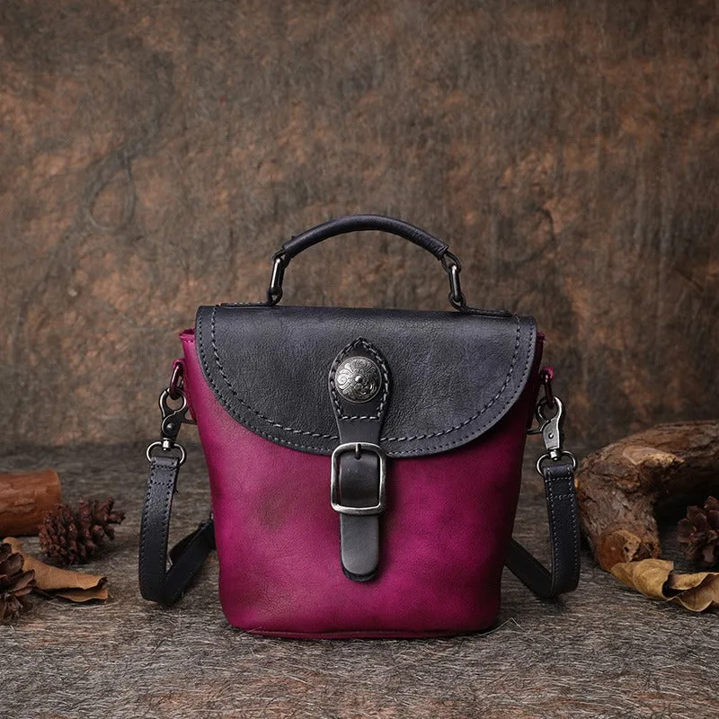 Vintage Leather Womens Bucket Brown Shoulder Bag Handmade Barrel Crossbody Purse for Ladies