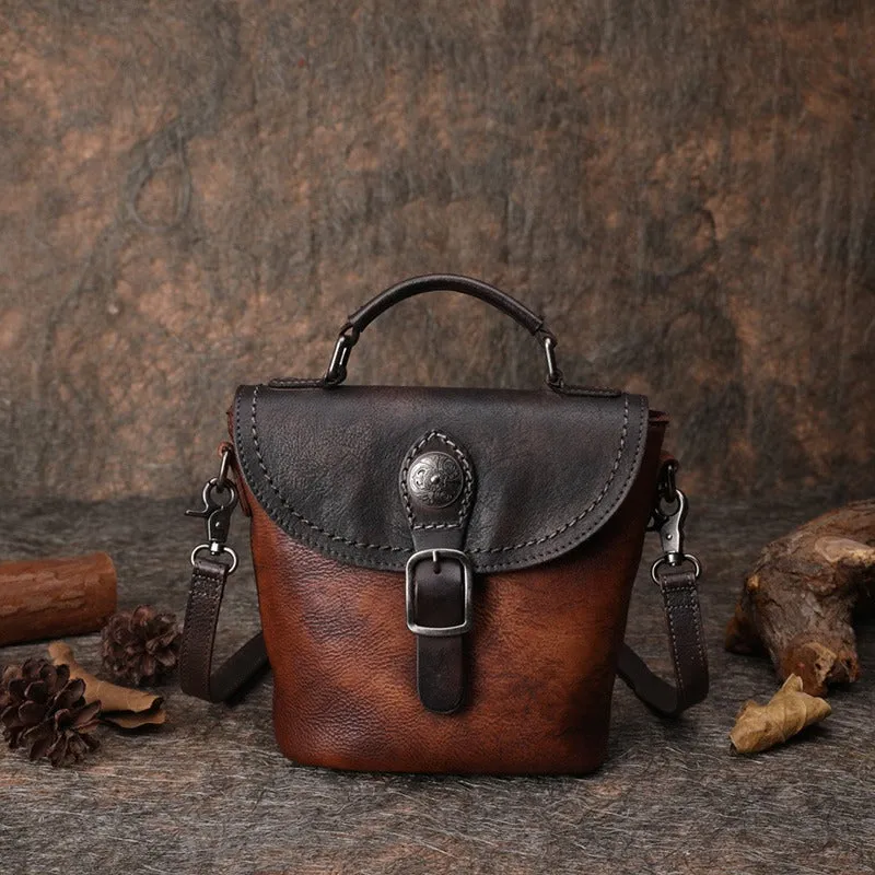 Vintage Leather Womens Bucket Brown Shoulder Bag Handmade Barrel Crossbody Purse for Ladies