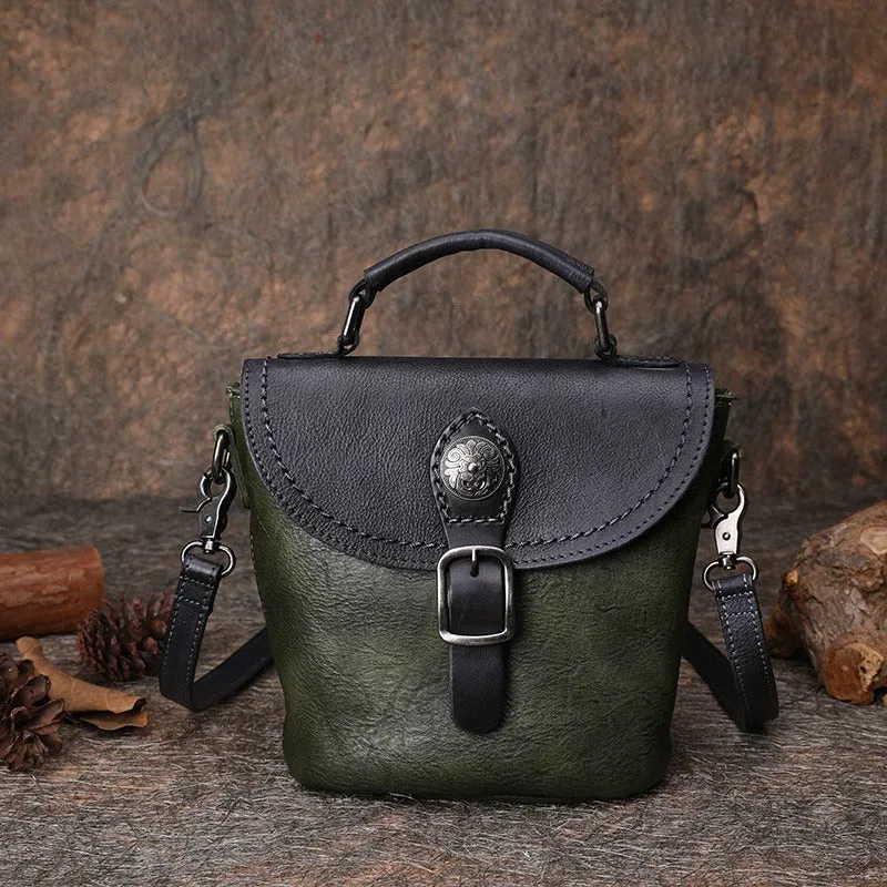 Vintage Leather Womens Bucket Brown Shoulder Bag Handmade Barrel Crossbody Purse for Ladies