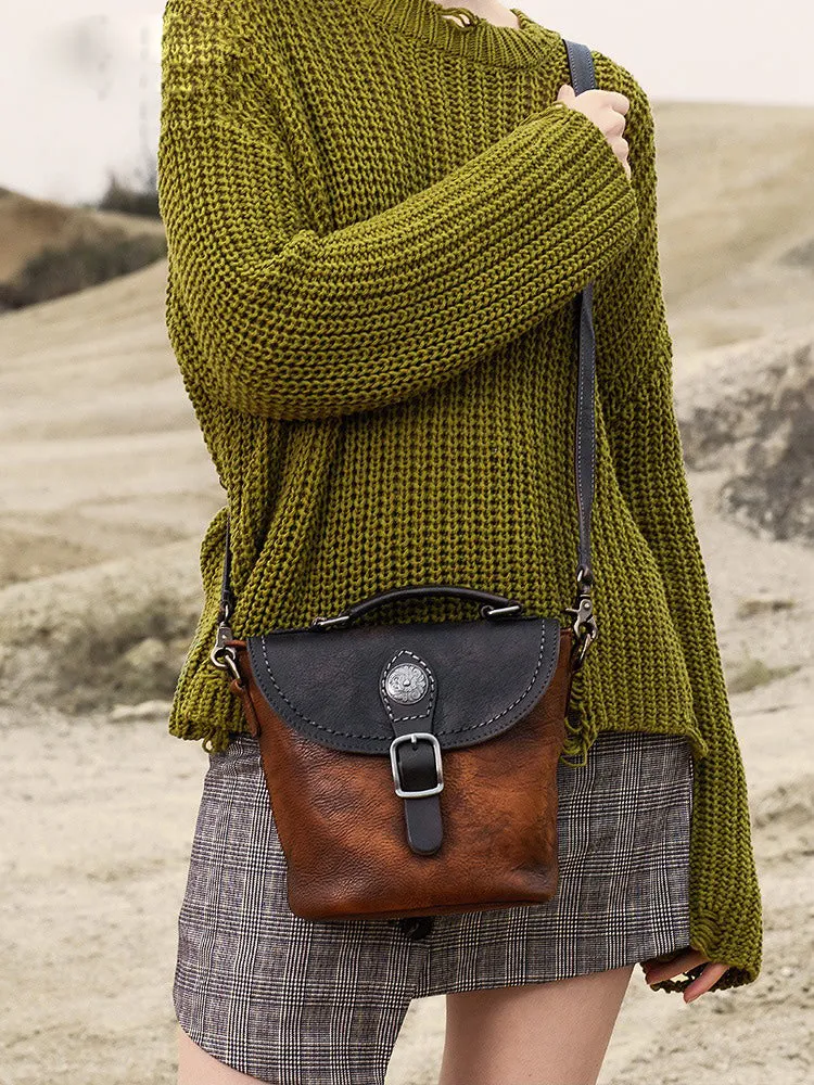 Vintage Leather Womens Bucket Brown Shoulder Bag Handmade Barrel Crossbody Purse for Ladies