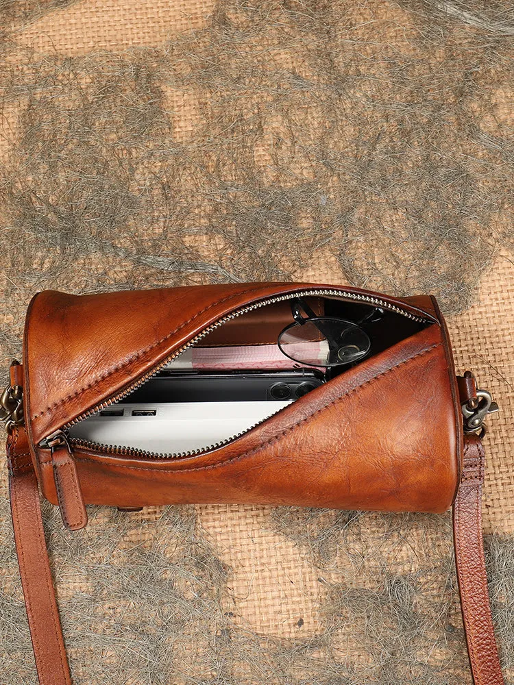 Vintage MIX Leather Womens Barrel Shoulder Bag Bucket Crossbody Purse for Women