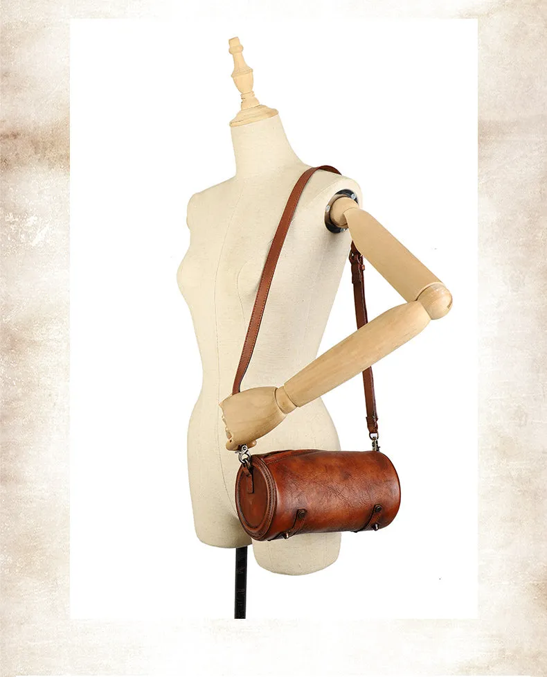 Vintage MIX Leather Womens Barrel Shoulder Bag Bucket Crossbody Purse for Women