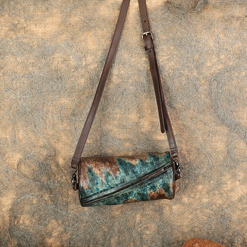 Vintage MIX Leather Womens Barrel Shoulder Bag Bucket Crossbody Purse for Women