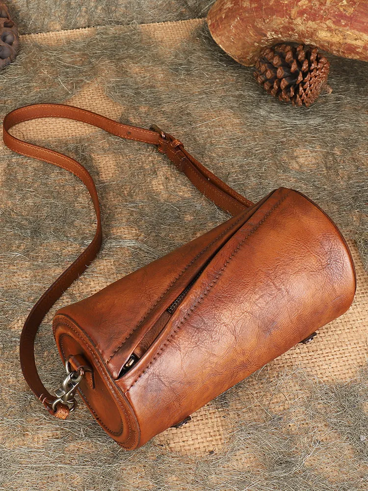Vintage MIX Leather Womens Barrel Shoulder Bag Bucket Crossbody Purse for Women