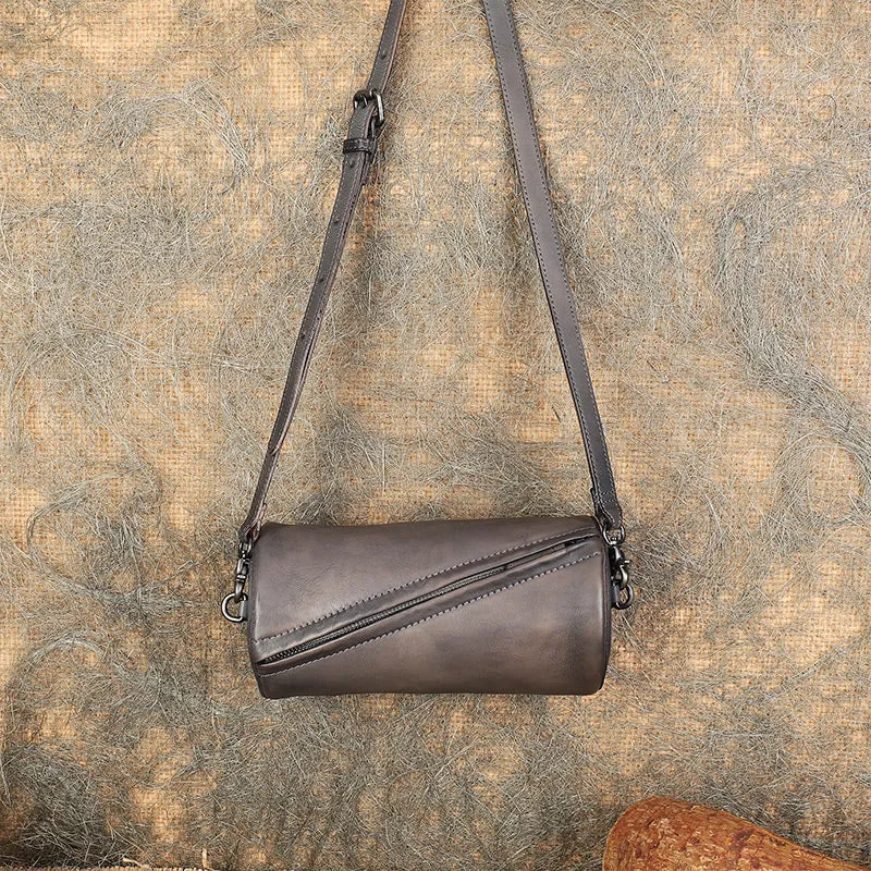 Vintage MIX Leather Womens Barrel Shoulder Bag Bucket Crossbody Purse for Women