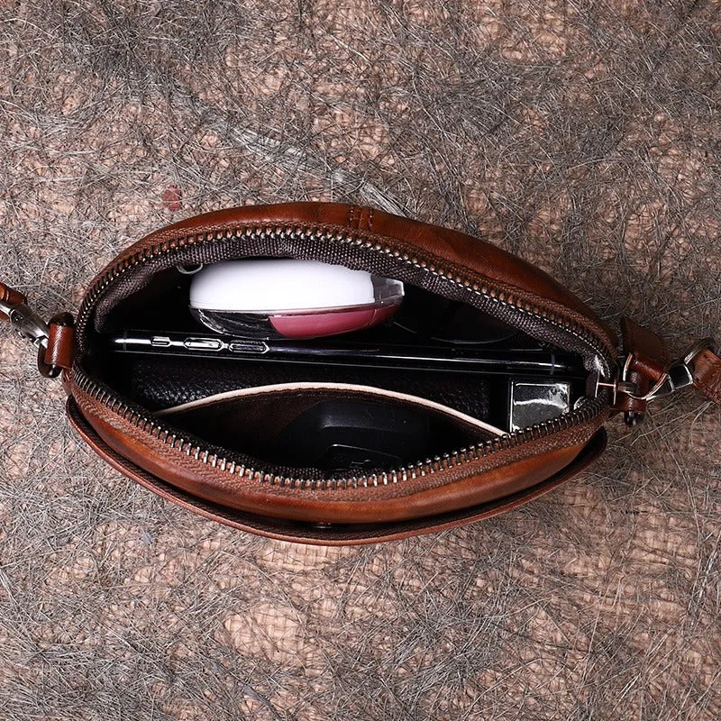 Vintage Small Leather Womens Round Shoulder Bag Handmade Around Crossbody Purse for Ladies