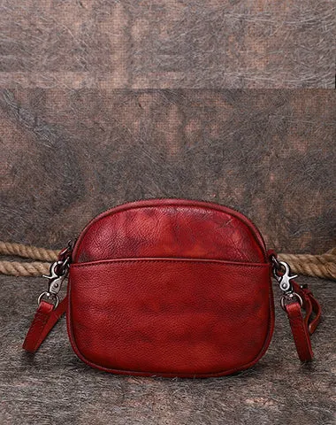 Vintage Small Leather Womens Round Shoulder Bag Handmade Around Crossbody Purse for Ladies