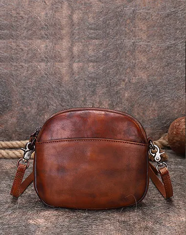 Vintage Small Leather Womens Round Shoulder Bag Handmade Around Crossbody Purse for Ladies