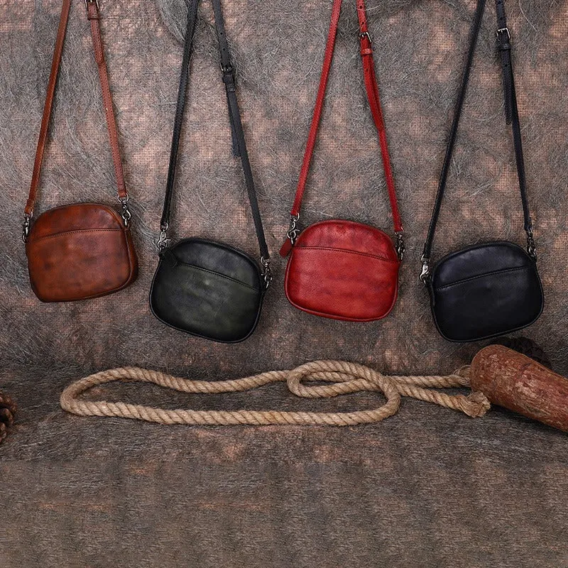 Vintage Small Leather Womens Round Shoulder Bag Handmade Around Crossbody Purse for Ladies