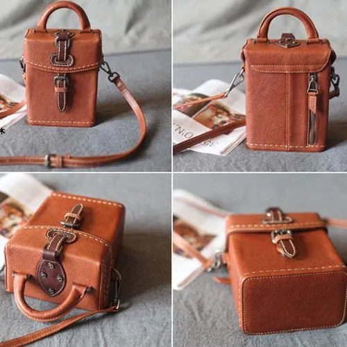 Vintage Small WOmens Brown Leather Box Handbag Shoulder Bag Square Crossbody Purse for Ladies