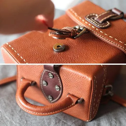 Vintage Small WOmens Brown Leather Box Handbag Shoulder Bag Square Crossbody Purse for Ladies