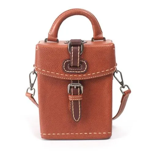 Vintage Small WOmens Brown Leather Box Handbag Shoulder Bag Square Crossbody Purse for Ladies
