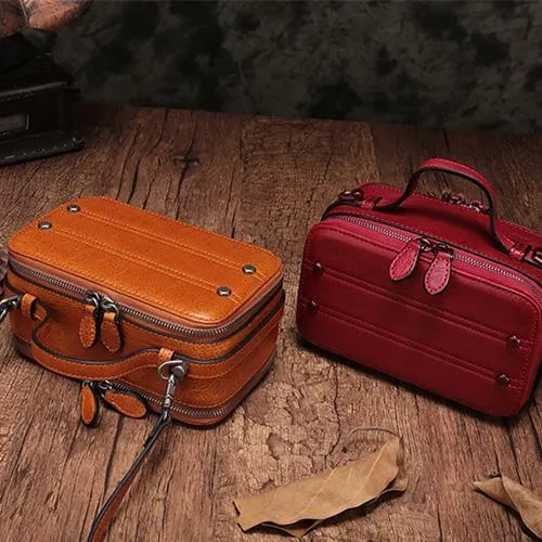 Vintage Small Womens Leather Brown Handbag Cube Box Small Red Leather Shoulder Bag for Men