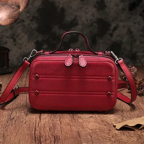 Vintage Small Womens Leather Brown Handbag Cube Box Small Red Leather Shoulder Bag for Men