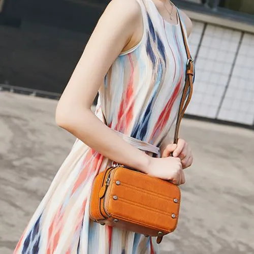 Vintage Small Womens Leather Brown Handbag Cube Box Small Red Leather Shoulder Bag for Men