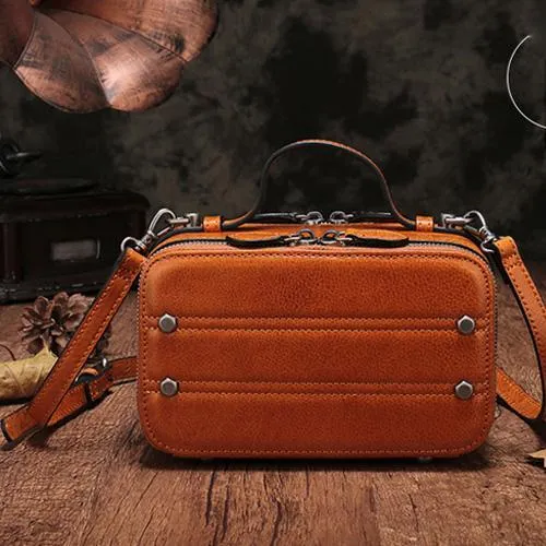Vintage Small Womens Leather Brown Handbag Cube Box Small Red Leather Shoulder Bag for Men
