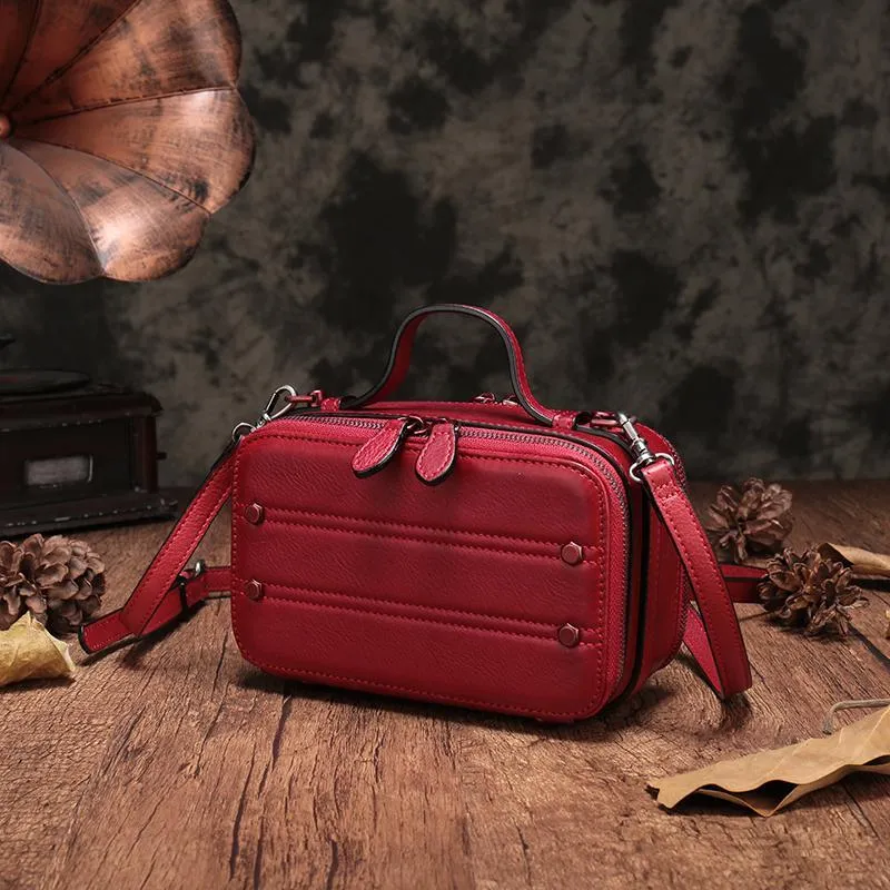 Vintage Small Womens Leather Brown Handbag Cube Box Small Red Leather Shoulder Bag for Men