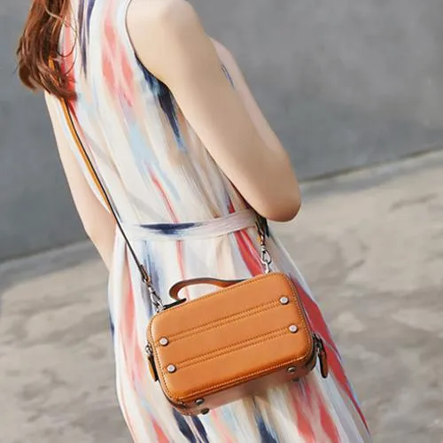 Vintage Small Womens Leather Brown Handbag Cube Box Small Red Leather Shoulder Bag for Men