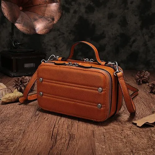 Vintage Small Womens Leather Brown Handbag Cube Box Small Red Leather Shoulder Bag for Men