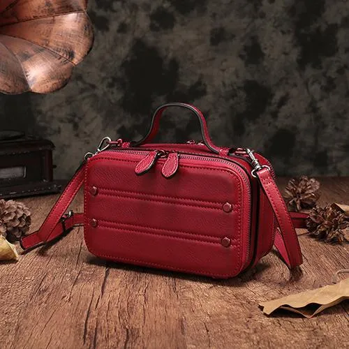 Vintage Small Womens Leather Brown Handbag Cube Box Small Red Leather Shoulder Bag for Men