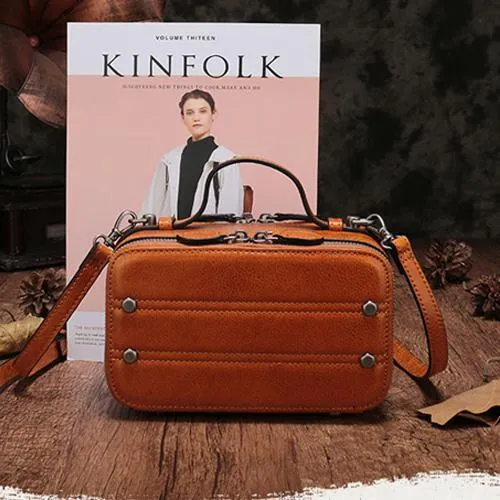 Vintage Small Womens Leather Brown Handbag Cube Box Small Red Leather Shoulder Bag for Men