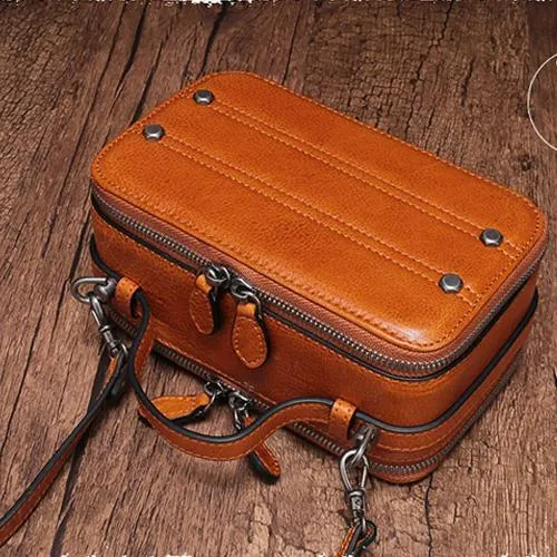 Vintage Small Womens Leather Brown Handbag Cube Box Small Red Leather Shoulder Bag for Men