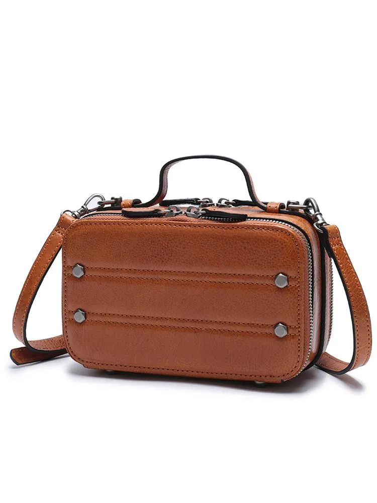 Vintage Small Womens Leather Brown Handbag Cube Box Small Red Leather Shoulder Bag for Men