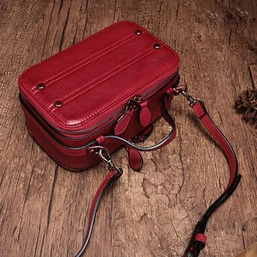 Vintage Small Womens Leather Brown Handbag Cube Box Small Red Leather Shoulder Bag for Men