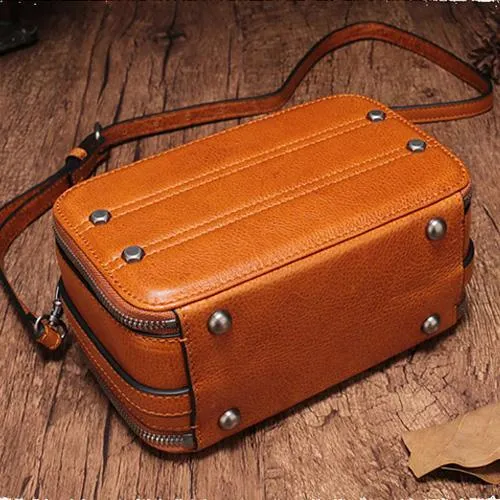 Vintage Small Womens Leather Brown Handbag Cube Box Small Red Leather Shoulder Bag for Men