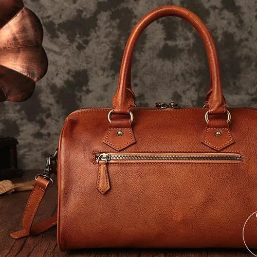 Vintage Womens Brown Leather Boston Handbags Boston Shoulder Handbag Crossbody Bags