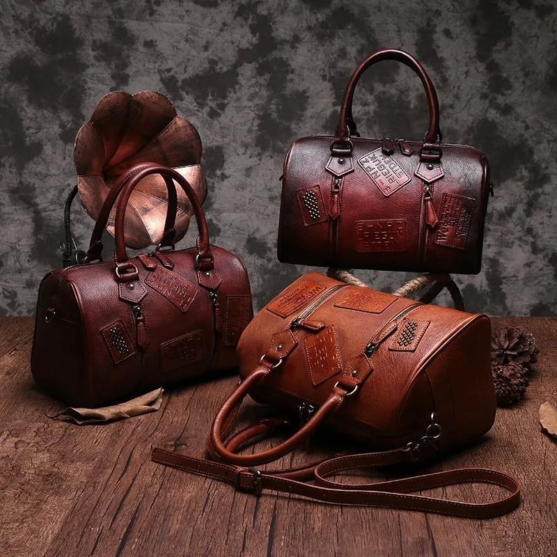 Vintage Womens Brown Leather Boston Handbags Boston Shoulder Handbag Crossbody Bags